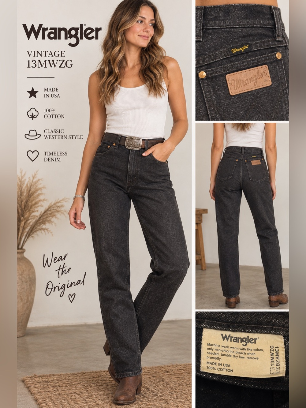 Vintage Wrangler 13MWZG Black Jeans 9x34 Made USA High Rise